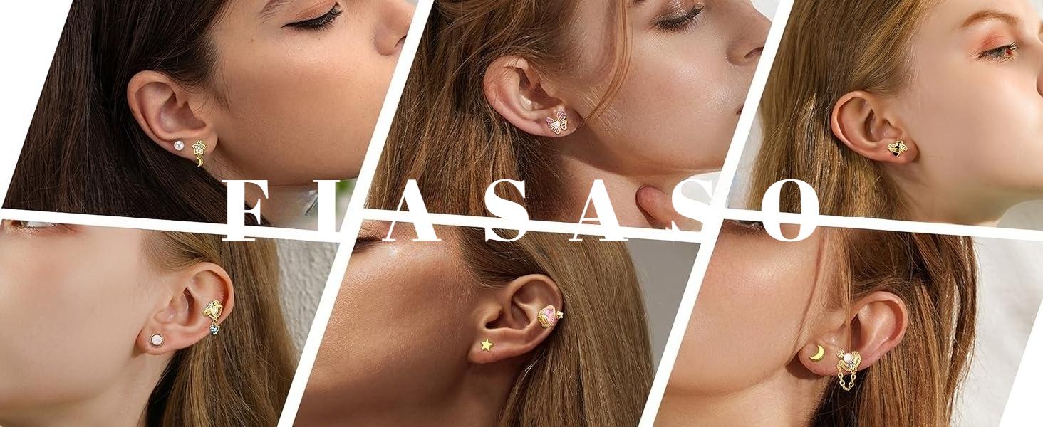 FIASASO 16Pcs Dangle Cartilage Earrings for Women Men Stainless Steel Tragus Stud Earrings 16G and 20G Butterfly Heart CZ Opal Flat Back Earrings Cartilage Tragus Conch Helix Daith Piercing Jewelry