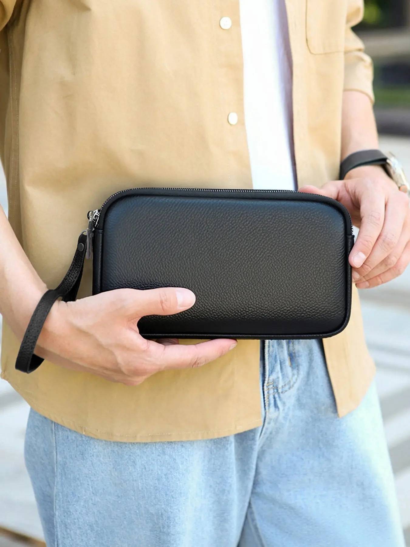 Men's Pebbled Top Grain Genuine Leather Wrist Clutch Handbag Anti Theft Wristlet, Double Zipper Compartments Large Capacity Hand Purse with 6 Card Slots Hidden Anti-Theft Pocket Adjustable Wrist Strap, Premium Business Travel Daily Organizer Bag