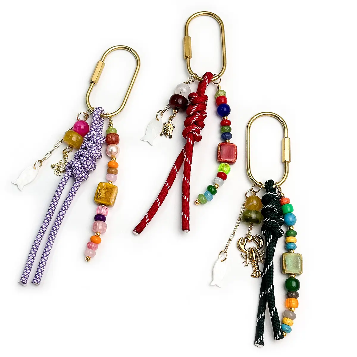 Vintage Marine-Theme Bag Charm Keychain, Handmade Woven Nylon Rope with Beaded Lobster Pendant, Summer Backpack Accessory, Beaded Charms, Backpack Bag Charms, Beaded Detail