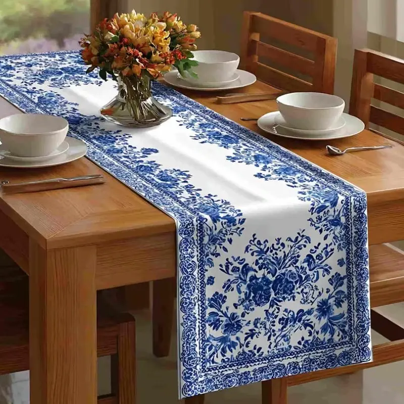 1pc Blue and White Porcelain Table Runner, Chinese Style Peony Floral Dining Table Decoration Cloth, Rectangular Table Runner, Coffee Table Runner, Tablecloth