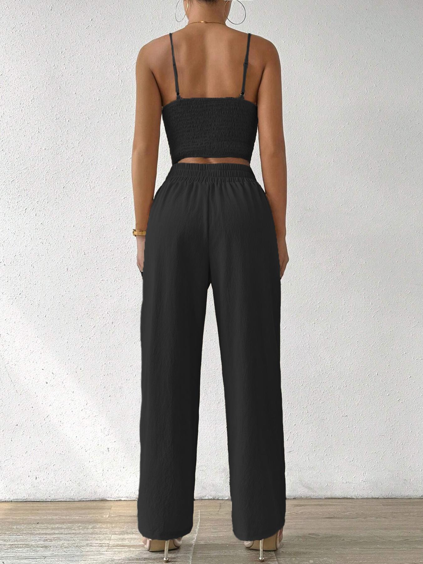 Women's Solid Crop Cami Top & Wide Leg Pants Two-piece Set, Casual Comfy Two Piece Outfits for Daily Wear, Ladies Clothes for All Seasons, Womenswear