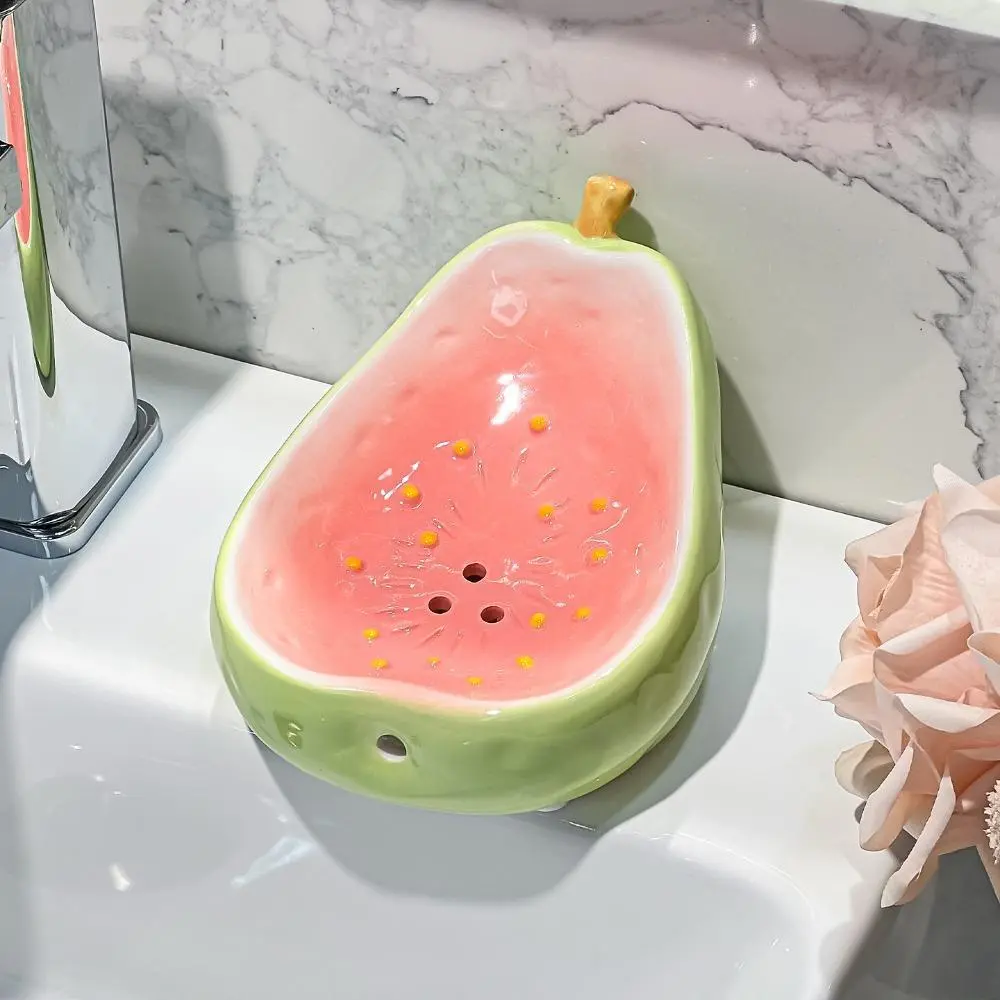 Ceramic Soap Dish for Daily Use, Minimalist Decorative Fruit Shape Tray with Fast Drainage for Bathroom Sink and Shower, Guava Outline, Vanity, Gift