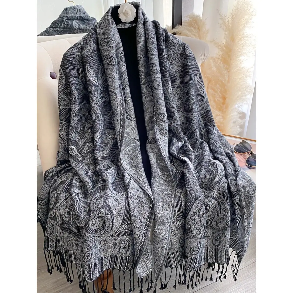 Women's Luxury Tencel Satin Boho Paisley Scarf - Long Flowing Tassels Pashmina Wrapwear, All-Seasons Elegant Fashion Accessory