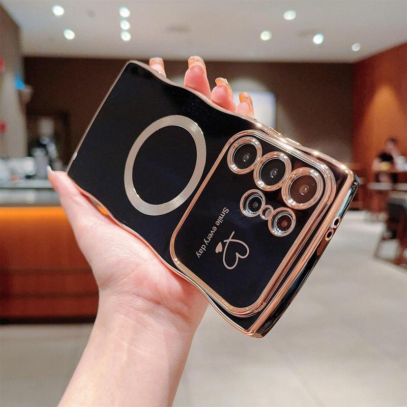 HISTORYOO Case for Samsung Galaxy S25 S24 S23 S22 Ultra / Plus Magnetic Wireless charging Soft Cute Wave Frame Curly Shape Love Heart Luxury Plating Phone Case Compatible with MagSafe Shockproof Back Cover for Women Girls