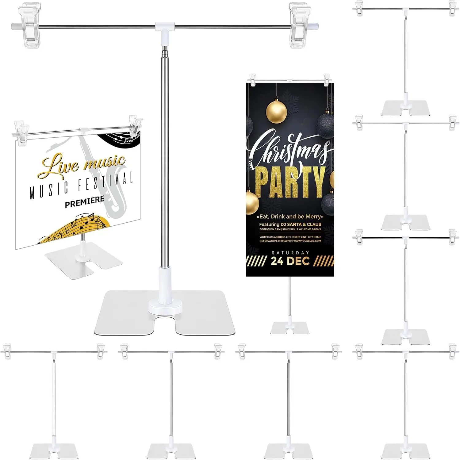 2-Pack White T-Shaped Height-Adjustable Metal Tabletop Banner Holder, 11in-36.6in High Desktop Display Stand for Businesses, Indoor Advertising Sign Poster Holder