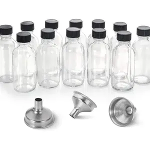 12 Pack, 2 oz Small Clear Glass Bottles with Lids & 3 Stainless Steel Funnels - 60ml