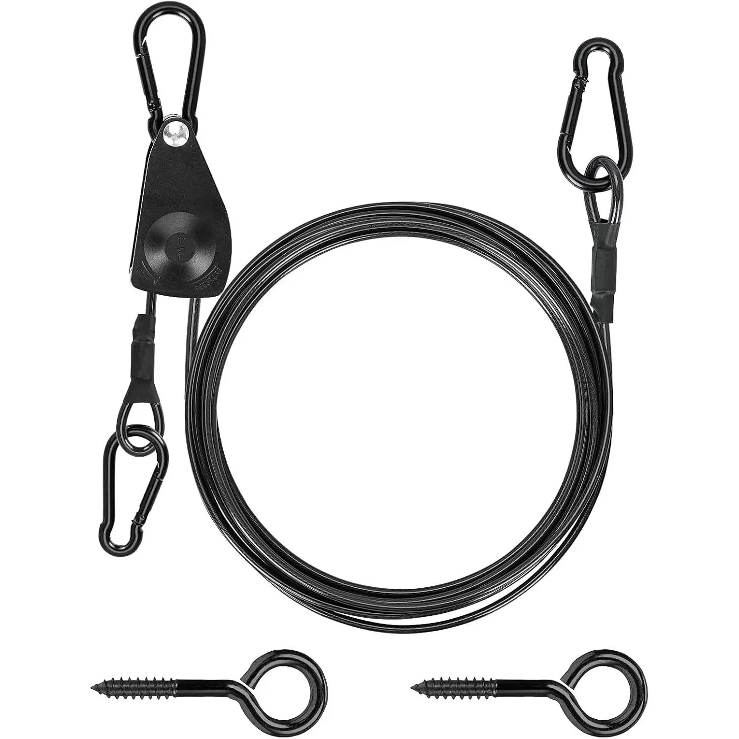 15ft Outdoor Clothesline Kit, 3/16" Black PVC Coated Wire Rope Portable Retractable Clothes Line Kit with Self-Locking Pulley, Screw Hook & Snap Hook for Camping, Backyard, RV, Travel