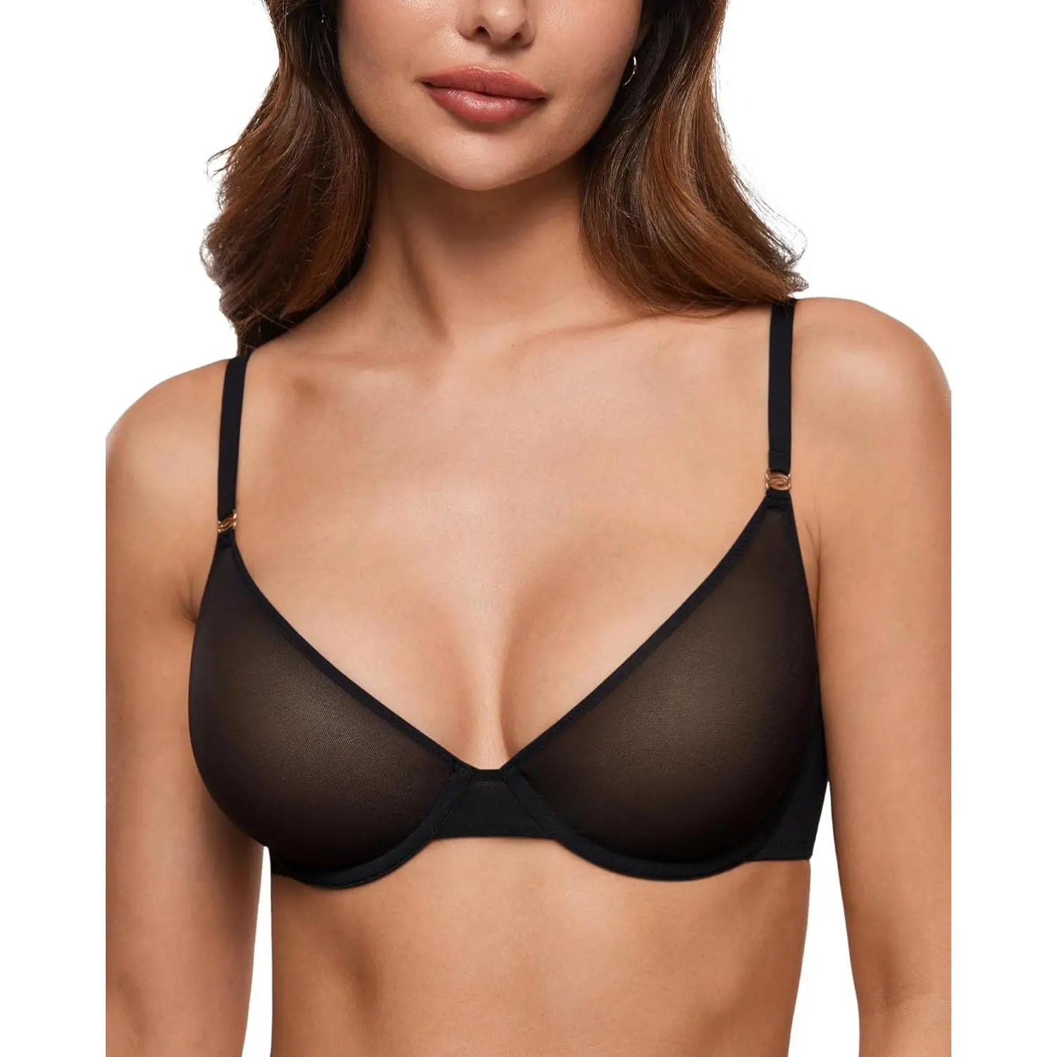 Women Cosy Sheer Balconette Bra Demi Unlined Plunge Mesh See Through Sexy Underwire Bras