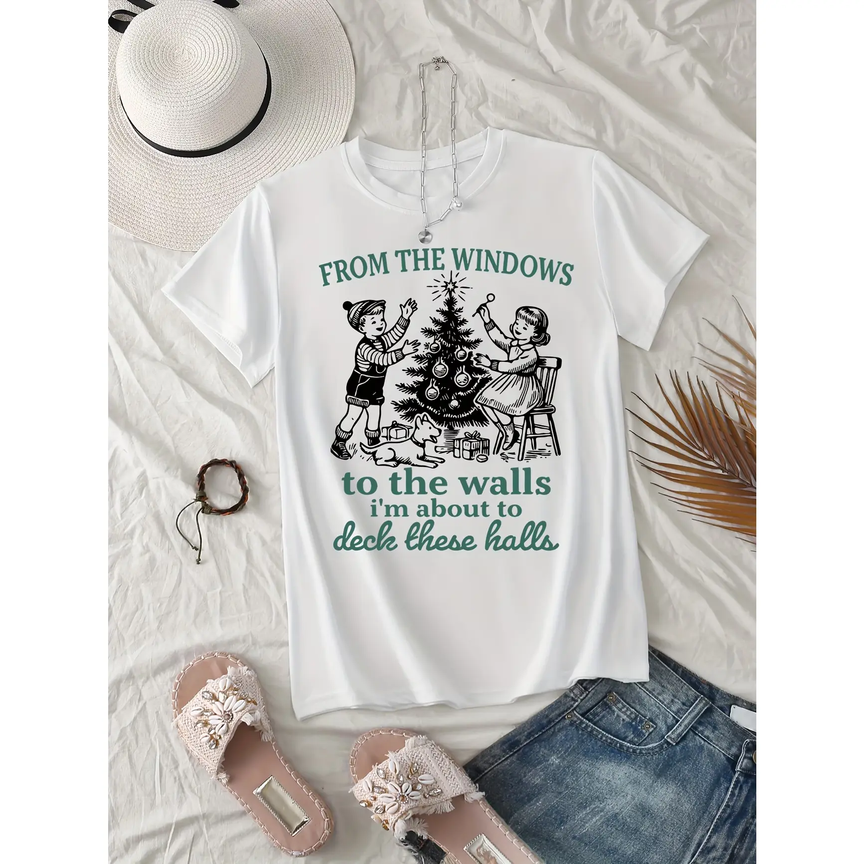 Oversized Comfort Cotton Graphic Tee, Retro Kids Christmas Tree Fashion Outfit,SummerVibes, Xmas Holiday Graphic Cute Shirt, Ideal Christmas & Valentine Gift For Family Friends Her