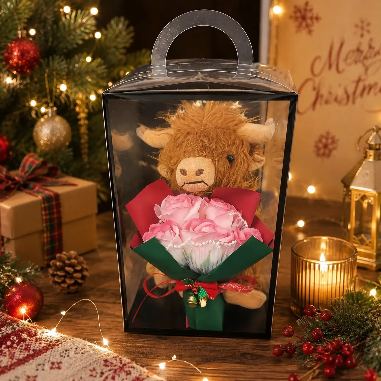Christmas Highland Cow Plush Gift Box with Artificial Rose Bouquet, Cute Soft Cuddly Stuffed Animal Christmas Gift for Girlfriend, Wife, Mom, Women, Xmas Birthday, Valentine's Day, Anniversary present, Holiday Home Decor