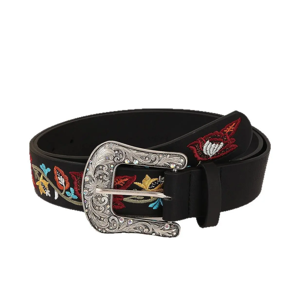 Retro Women’s Belt with Chrysanthemum Floral Embroidery & Rhinestone Engraved Buckle