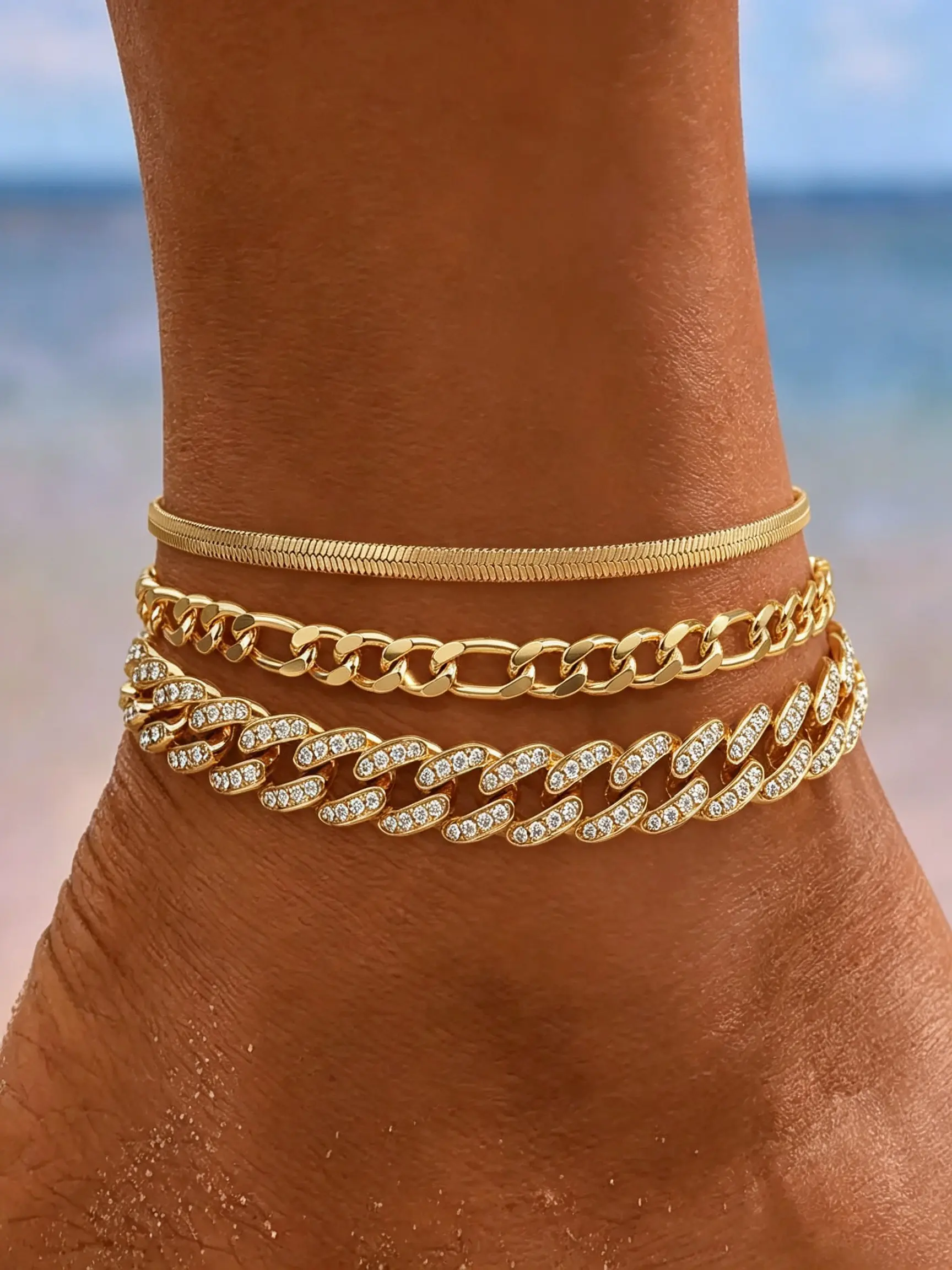 Trendy Women's 3-Piece Anklet Set, Waterproof Adjustable Cuban & Snake Chain, Thick Beach Accessory, Summer Holiday Gift Recommendation