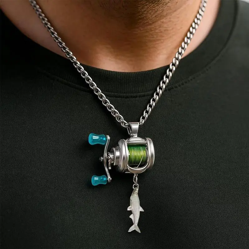 Realistic Mini Reel Necklace for Anglers, Functional Fishing Pendant with Smooth Spin Handle & Moving Line Guide, Micro-Scale, Dynamic Line Guide, Interactive Motion Mechanism