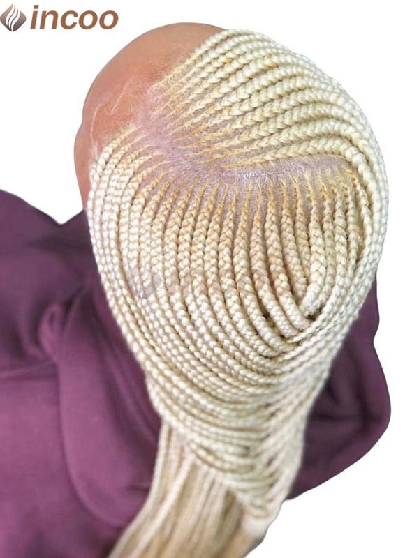 36“ Honey Blonde 613 Colored Full Lace Front Wig Cornrow Double Braided Wigs For Black Women Synthetic Side Part Box Braided Wigs Jumbo Long Faux Locs Braids Wigs Full Lace Frontal Braids Wig Side Part Knotless Cornrow Braided Lace Front Wig Twist Braided
