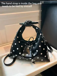 retro polka dot portable bucket bag, bow drawstring design, detachable shoulder strap, single shoulder crossbody bag, Crossbody Handbags, suitable for dates and parties, Pu Leather Bag