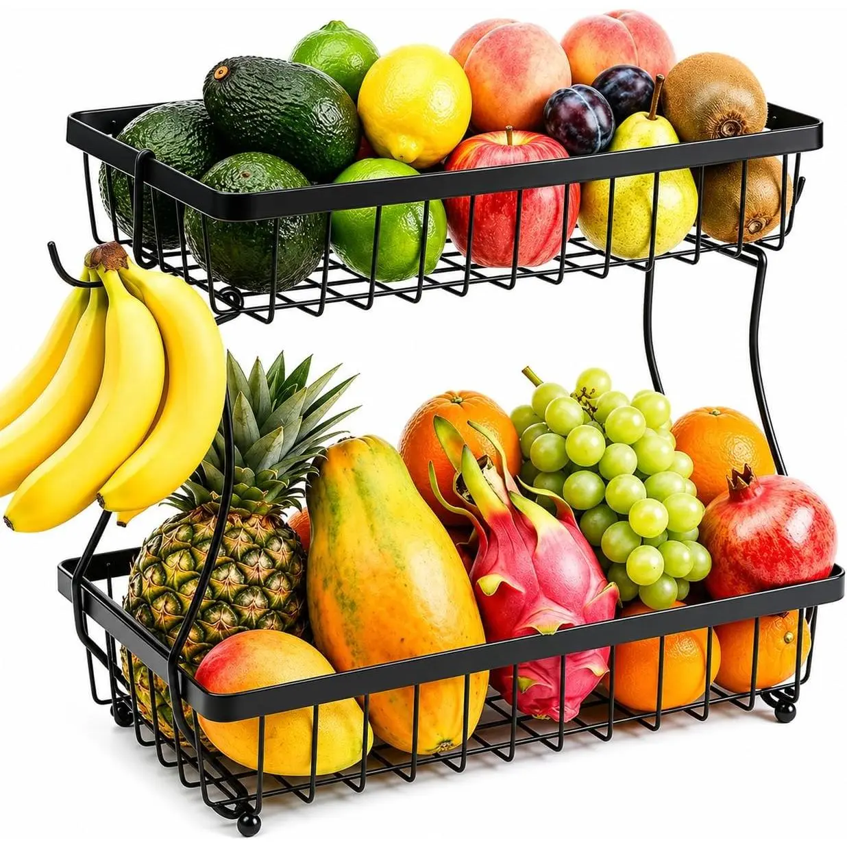 Black Modern 2-Tier Metal Fruit Basket for Kitchen Counter, 2 Banana Hangers, Large Fruit & Veggie Holder for Daily Use, 12.5"×7.5"×12" Produce Storage Organizer