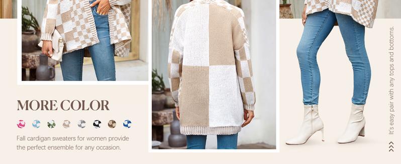 Imily Bela Womens Checkered Sweater Color Block Plaid Cardigans Oversized Long Sleeve Knit Open Front Coats