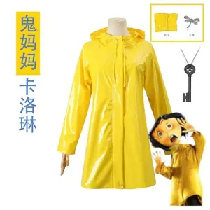 Caroline Cosplay Costume Set Yellow Jacket Rain Coat Short Blue Wig Dragonfly Hairclip Key Necklace Halloween Party for Chirdren