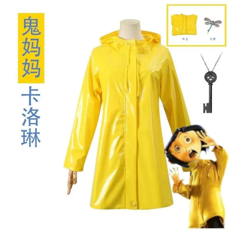 Caroline Cosplay Costume Set Yellow Jacket Rain Coat Short Blue Wig Dragonfly Hairclip Key Necklace Halloween Party for Chirdren