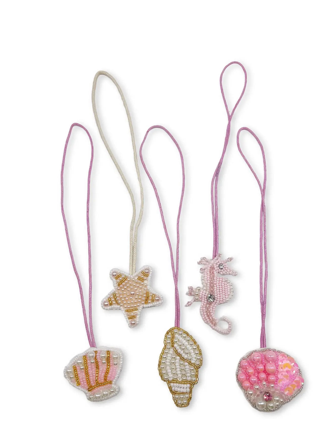 Macaron Ocean Four-Piece Set, Handmade Beaded Lanyard, Starfish Seahorse Shell Scallop Combos, Summer Island Girl Backpack Keychain Decor