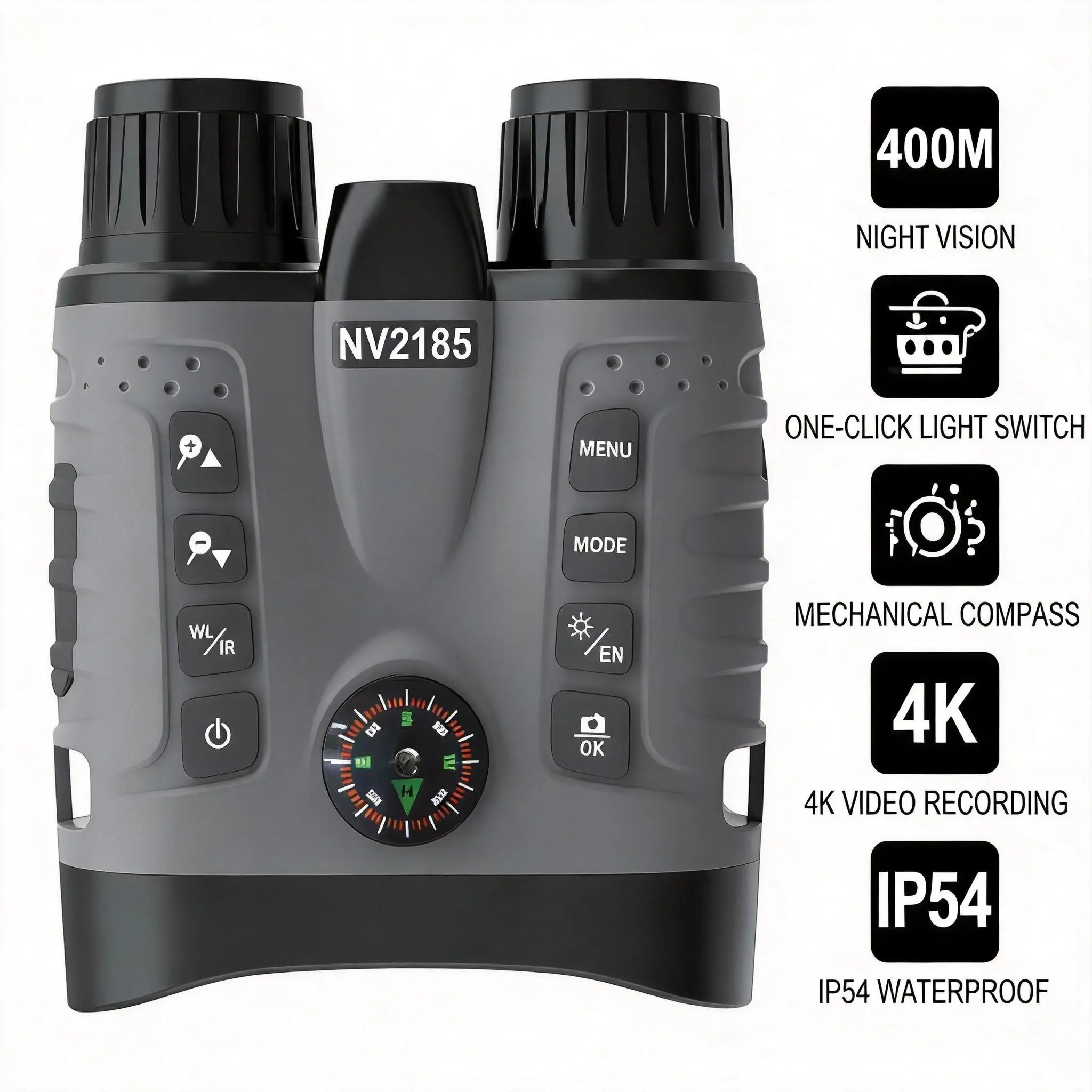NV2185 Digital Night Vision Binoculars | Built-in Mechanical Compass, 400M Full Dark View, 8X Digital Zoom, 4K Video Rec, IP54 Waterproof, Dual IR & White Flashlight, 4500mAh Battery for Hunting Wildlife Camping Night Fishing