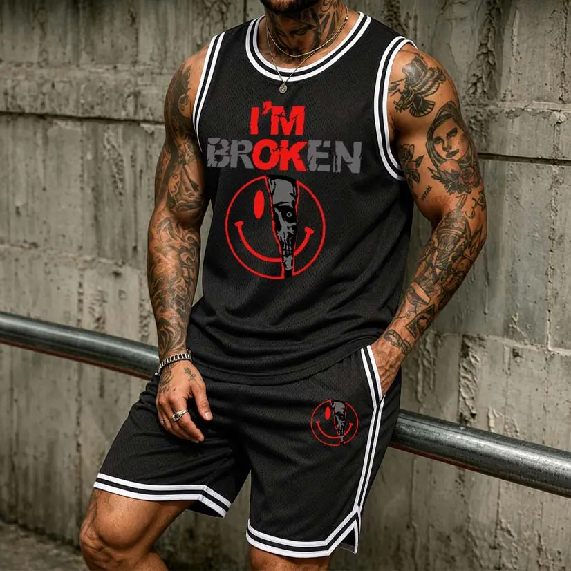 Men's “I'm Broken” Athletic Set: Mesh Basketball Jersey & Shorts Two-Piece Combo — Lightweight, Breathable Sportswear