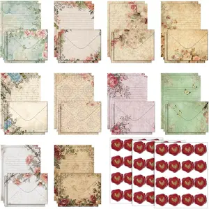 160 Pcs Stationery Paper Set - 50 Double Sided Stationery Papers with 50 Matching Envelopes and 60 Round Dot Stickers, 10 Vintage Floral Designs, 5.5 x 8.25 Inch
