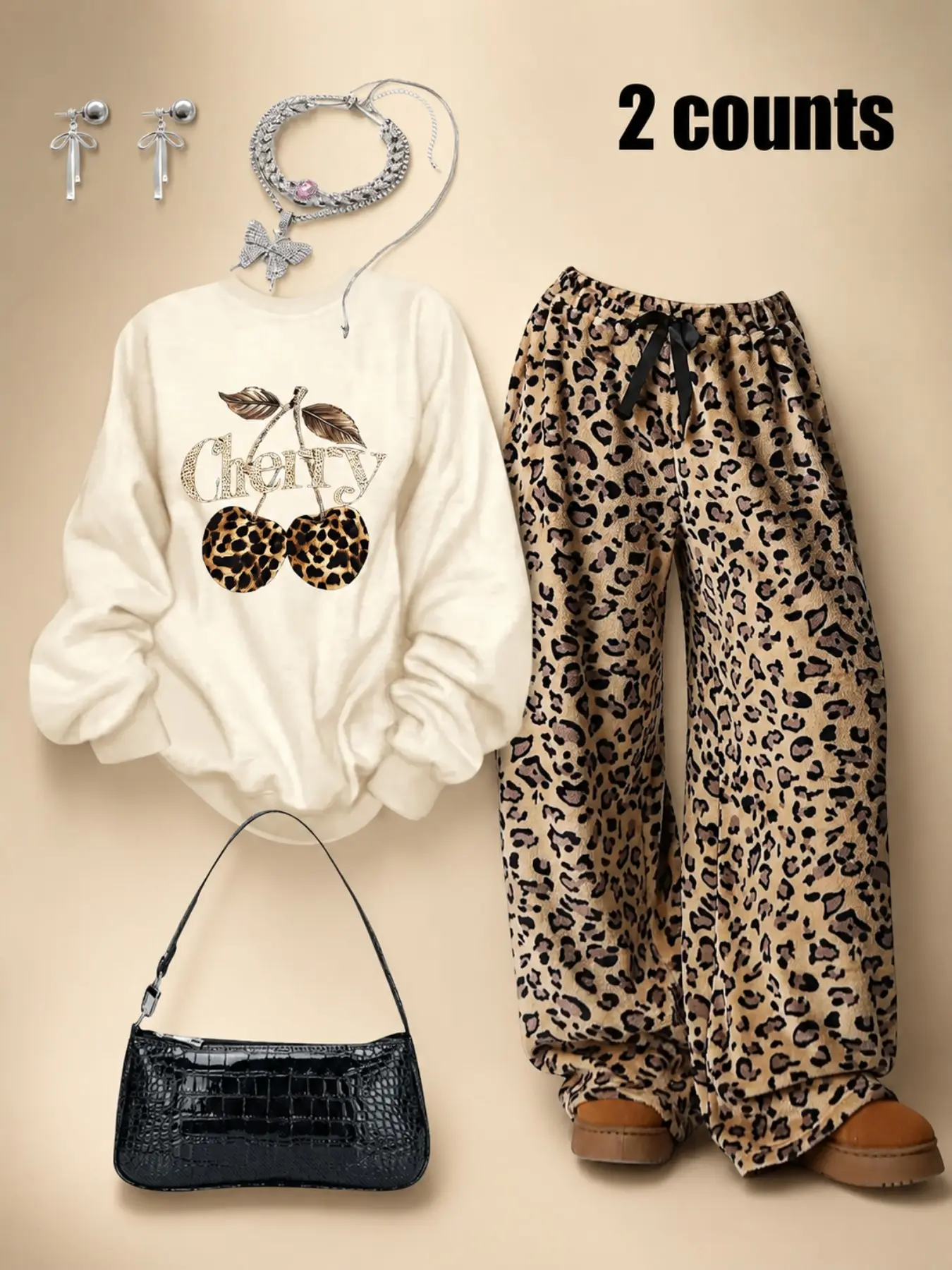 Women's Leopard Print Sweatshirt Set with Cherry Pattern, Comfortable Soft Fabric, Casual Fitted Top & Wide Leg Pants for Spring Fall