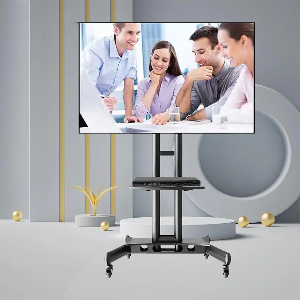Mobile TV Cart Rolling Stand for 32-65 Inch Screens Up to 110Lbs, Portable Tilt TV Stand on Wheels with Height Adjustable Shelf, Outdoor Floor Stands Mount for Home Office Black