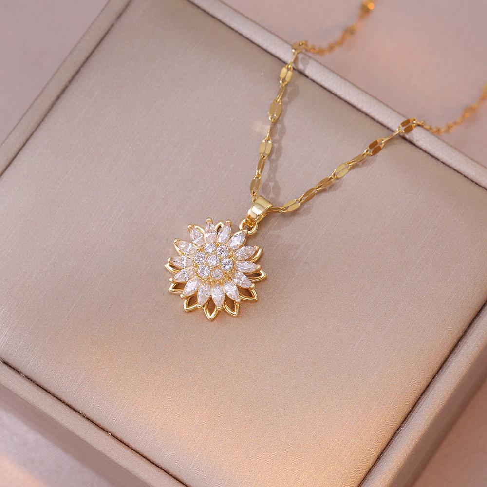 Women's Necklace, New Style Sunflower Diamond-encrusted, Rotatable Collarbone Chain Jewelry, Japanese and Korean Style Cross-border, Ins Ring, Sunflower