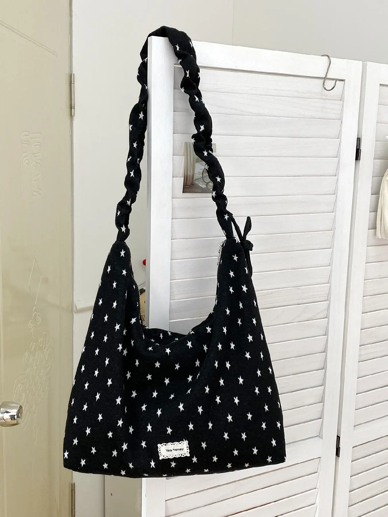 Korean Ruched Bubble Strap Printed Canvas Hobo Bag For Women, Star Stripe Two Patterns Zipper Large Shoulder Bag, Soft Fabric Lazy Style Versatile Student Commute Crossbody Tote Purse