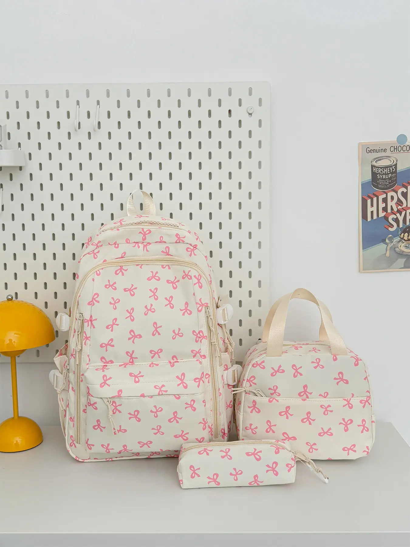 3pcs Pale Base All Over Pink Bow 3Pcs Backpack Layer Side Pocket Hand Bag Pencil Case Combo School Backpack Set Fresh Girly Daypack For Girls Campus Daily Commute Bag