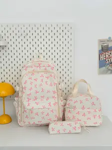 3pcs Pale Base All Over Pink Bow 3Pcs Backpack Layer Side Pocket Hand Bag Pencil Case Combo Fresh Girly Daypack For Girls Campus Daily Commute Bag