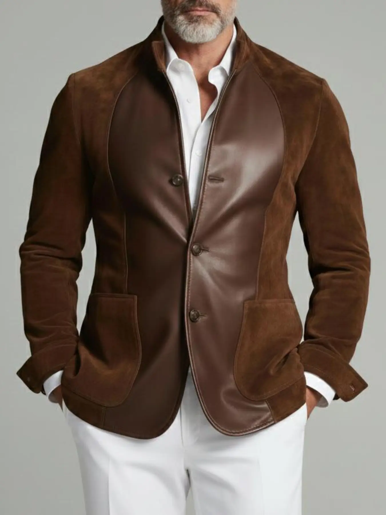 Ainwear Men Stand Collar Suit Jacket, Faux-Leather Front Panel, Faux-Suede Blazer, Daily Smart Casual Mens Suits, All Seasons