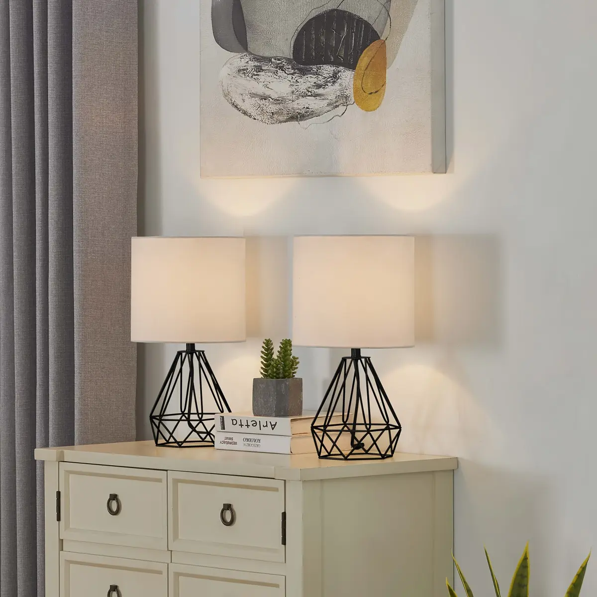 19'' Industrial Black Table Lamp Set Of 2, Beside Lamps With Metal Hollowed Out Base, Modern Geometric Bedside Desk Lamp With White Fabric Linen Lampshade For Bedroom, Study, Office