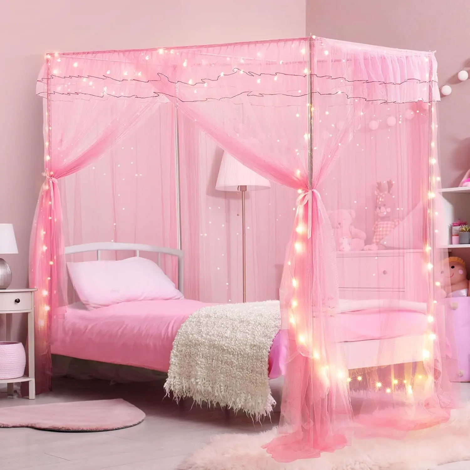 Twin Size Bed Canopy with Lights, Luminous Stars Princess Bed Canopy for Girls Kids, 4 Corner Post Canopy Bed Curtains for Twin Bunk Bed, Indoor Bedroom Decor for Student Dormitory, Pink