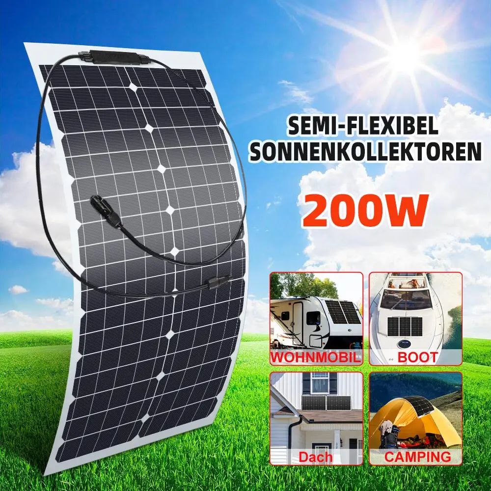 200W Semi-Flexible Solar Panel, IP67 Waterproof Monocrystalline Solar Charger with ETFE Coating, High Efficiency Portable Solar Panel Kit with MC4 Connectors for RV, Camper, Boat, Car, Roof and Off-Grid