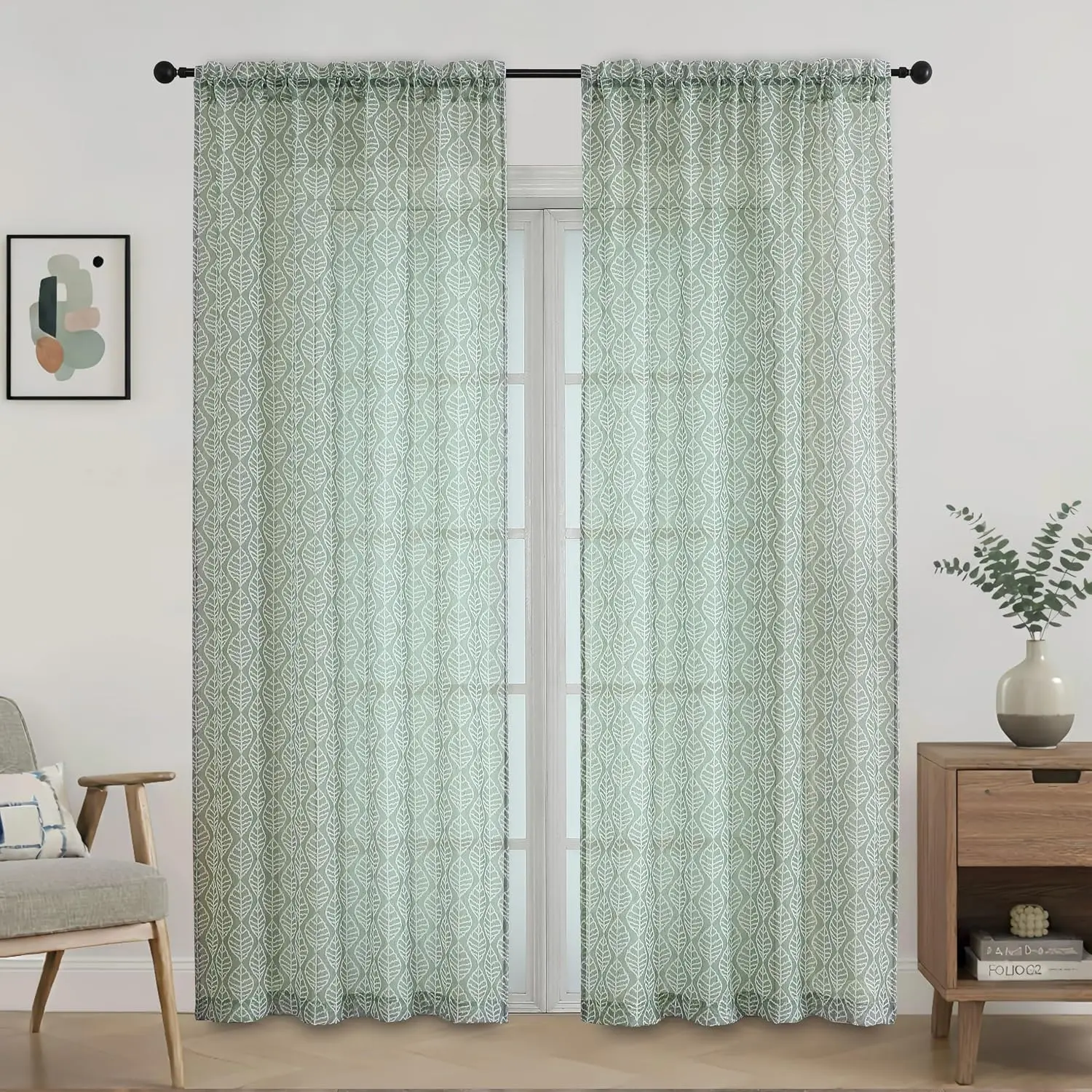 Crushed Sheer Curtains 84 Inches Long 2 Panels,  Sheer Leaf Patterned Curtains, Light Filtering Soft Airy Window Drapes for Living Room Bedroom, Rod Pocket, 2x42Wx84L Inches