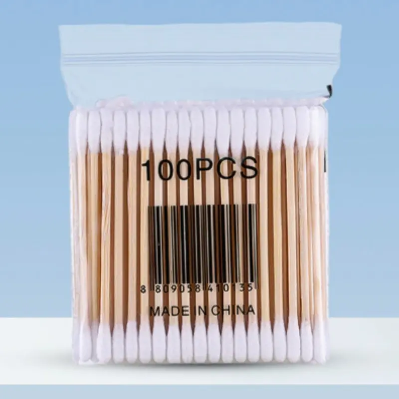 Double-Ended Cotton Swabs, 100 Count, Wooden Stick Makeup Remover Pads, Ear Cleaning Cotton Balls, Sharp and Round Tips