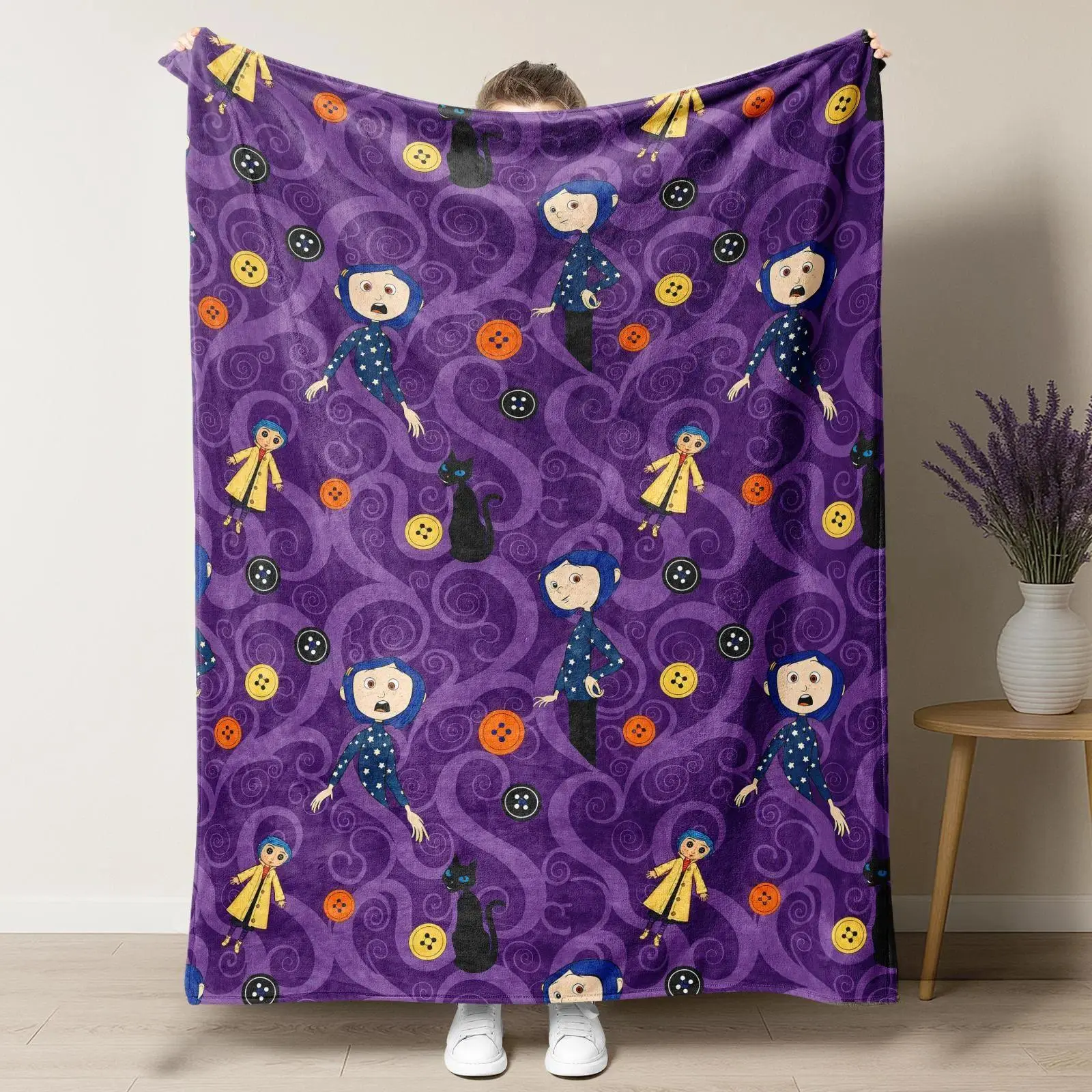 Coraline All Over Print Flannel Cooling Throw Blanket, Purple Swirl Black Cat Button Spooky Pattern, Soft Cozy Lightweight Decor Blanket for Bedroom Couch Sofa, All Season Birthday Holiday Gift for Spooky Movie Fans