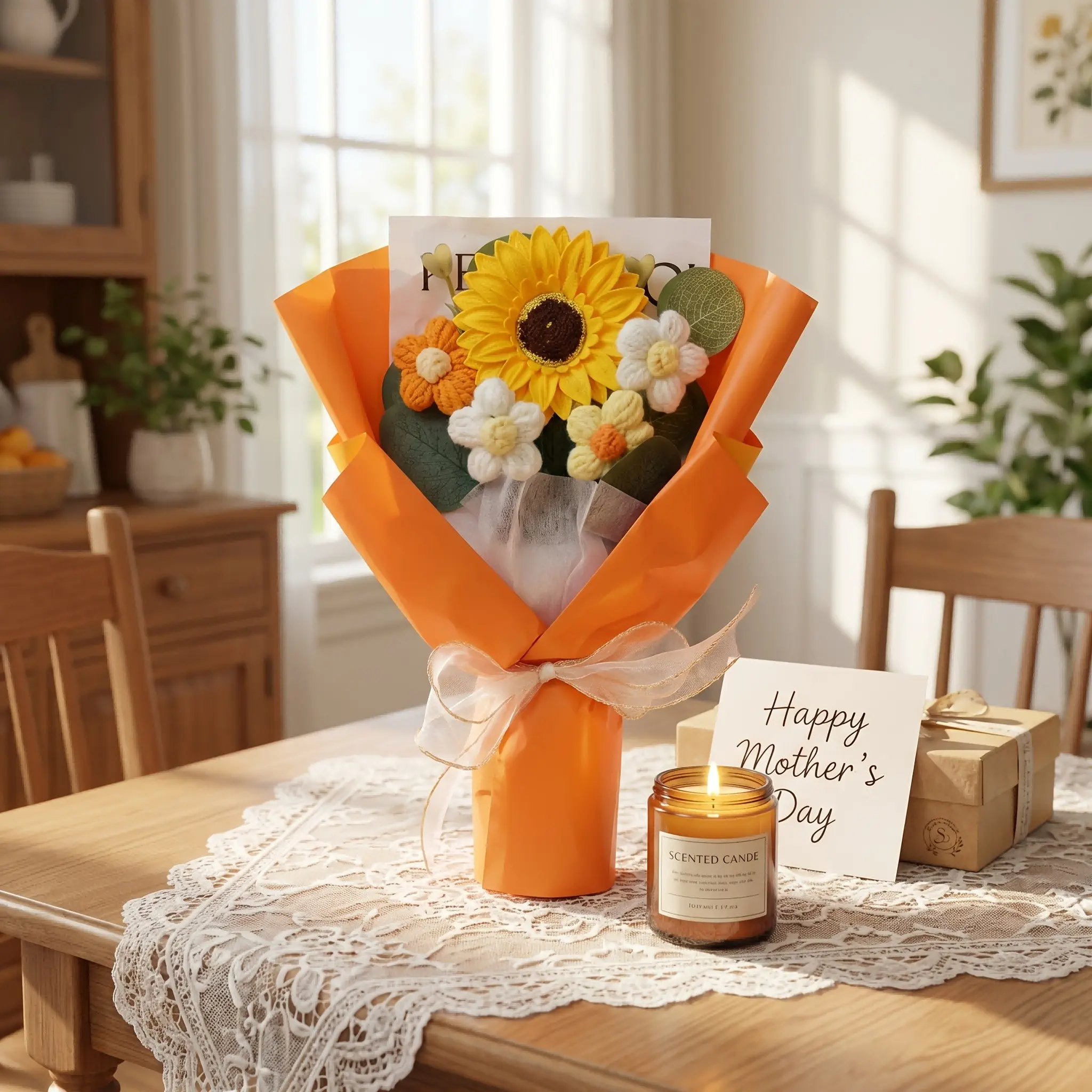 Handmade Crochet Flower Bouquet with Sunflower Daisy Gift Bag Card Wrapped Knitted Flowers for Girlfriend Graduation Birthday Anniversary Valentine Mother's Day Home Decor Gift Orange