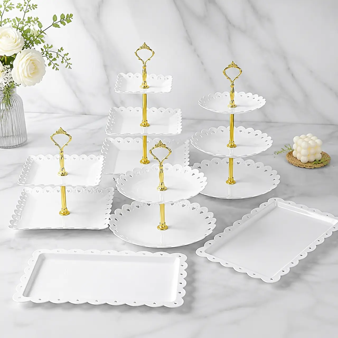 sebastian CADIA, 6 Pieces Dessert Table Display Set, Plastic Cake Candy Fruit Serving Set with 2 Pieces Fruit Dessert Trays + 4 Pieces 2-Tier/3-Tier Cupcake Stands for Tea Party, Birthday, Wedding, Baby Shower Decor Platform