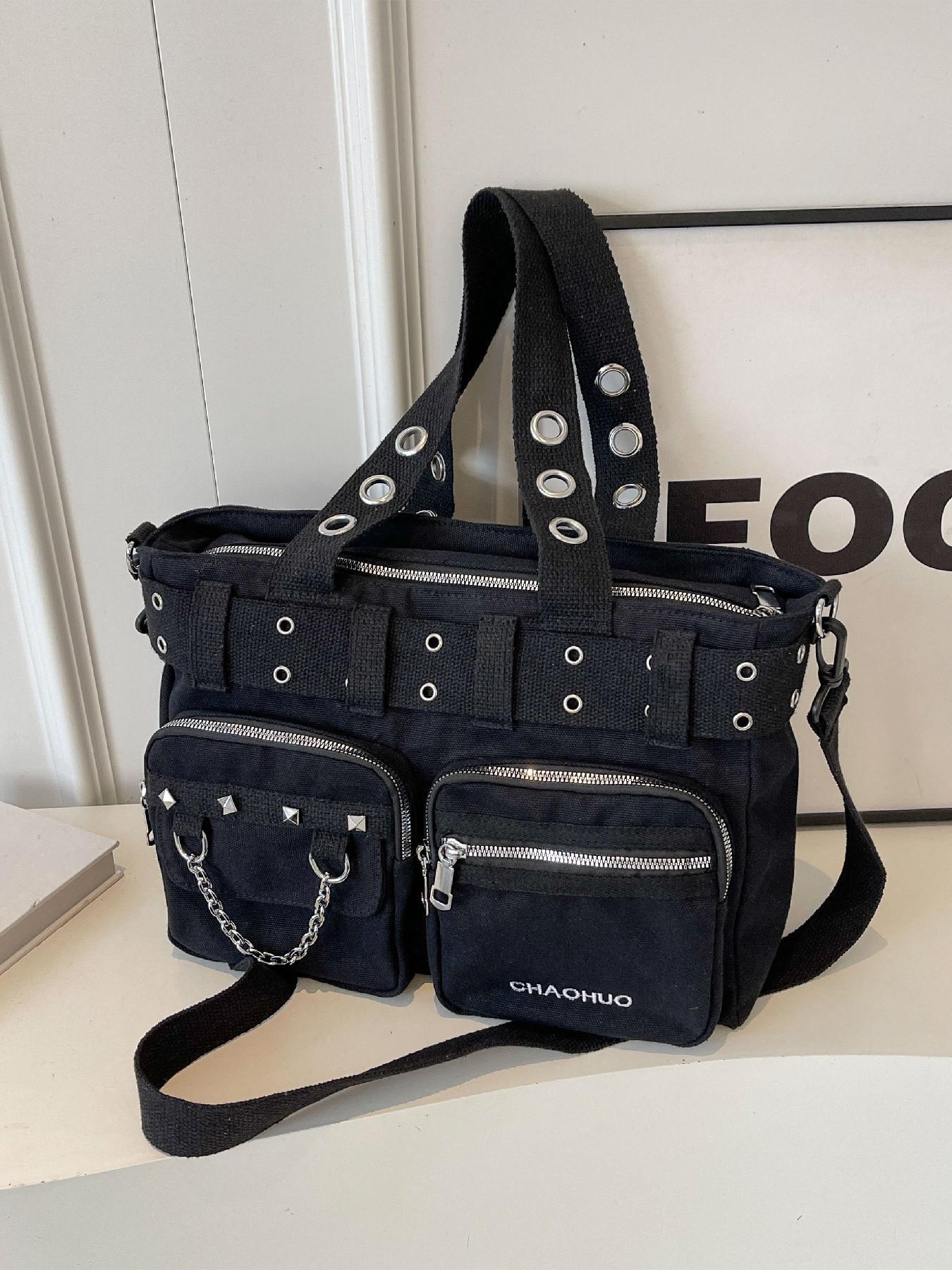 Women's Fashionable All-match Punk Style Tote Bag with Multi-pocket Design, Casual Versatile Zipper Design, Large Capacity Shoulder Tote Bag, Valentine's Gifts for Her