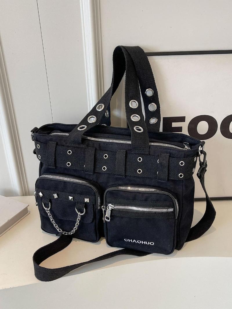 Women's Fashionable All-match Punk Style Tote Bag with Multi-pocket Design, Casual Versatile Zipper Design, Large Capacity Shoulder Tote Bag, Valentine's Gifts for Her