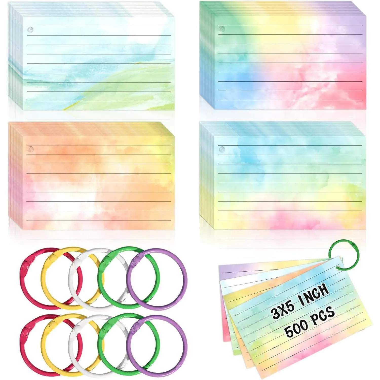 500 count Colored Index Cards with Hole Lined Flash Cards with Binder Rings Watercolor Notecards with Rings 3x5 Study Cards Flashcards for  School Office Supplies