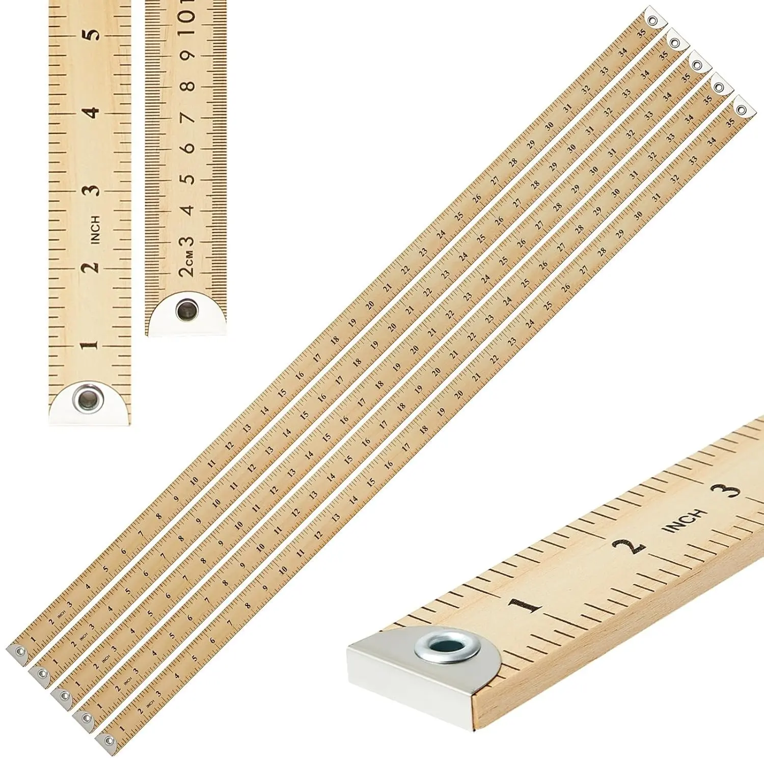 5 Pcs Heavy Duty 36 Inches Natural Wood Yardstick Ruler, 1/4-inch Thick Meter Stick with Hang Hole and Metal Tips Ends for Clothing Measuring Home Office