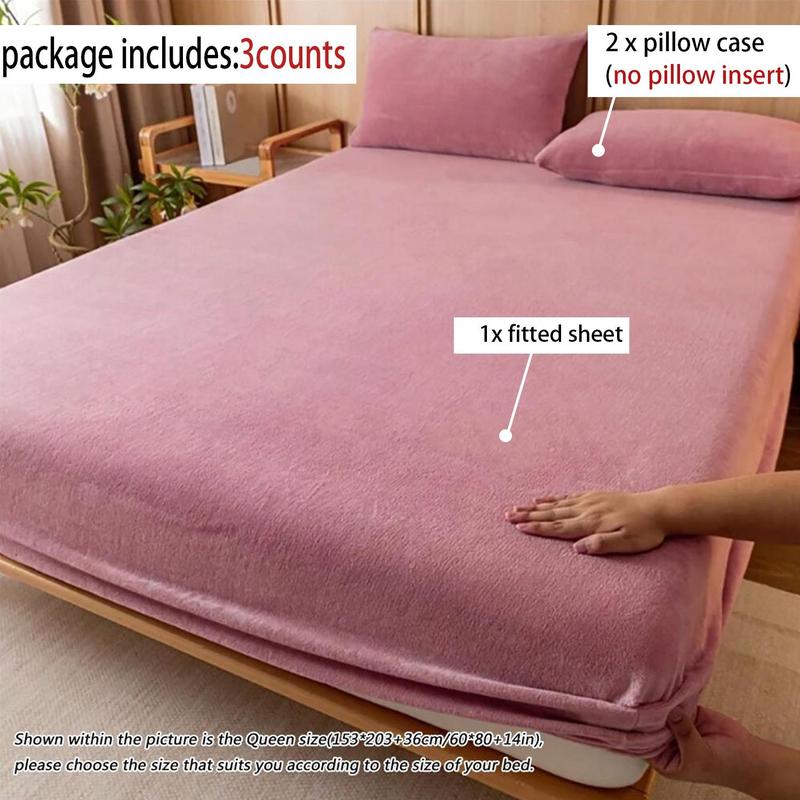 Solid Color Fitted Sheet and Pillowcase Set, 3 pcs/set Including 1 Plush Fitted Sheet and 2 Pillowcases without Filler, Soft Bedding Set