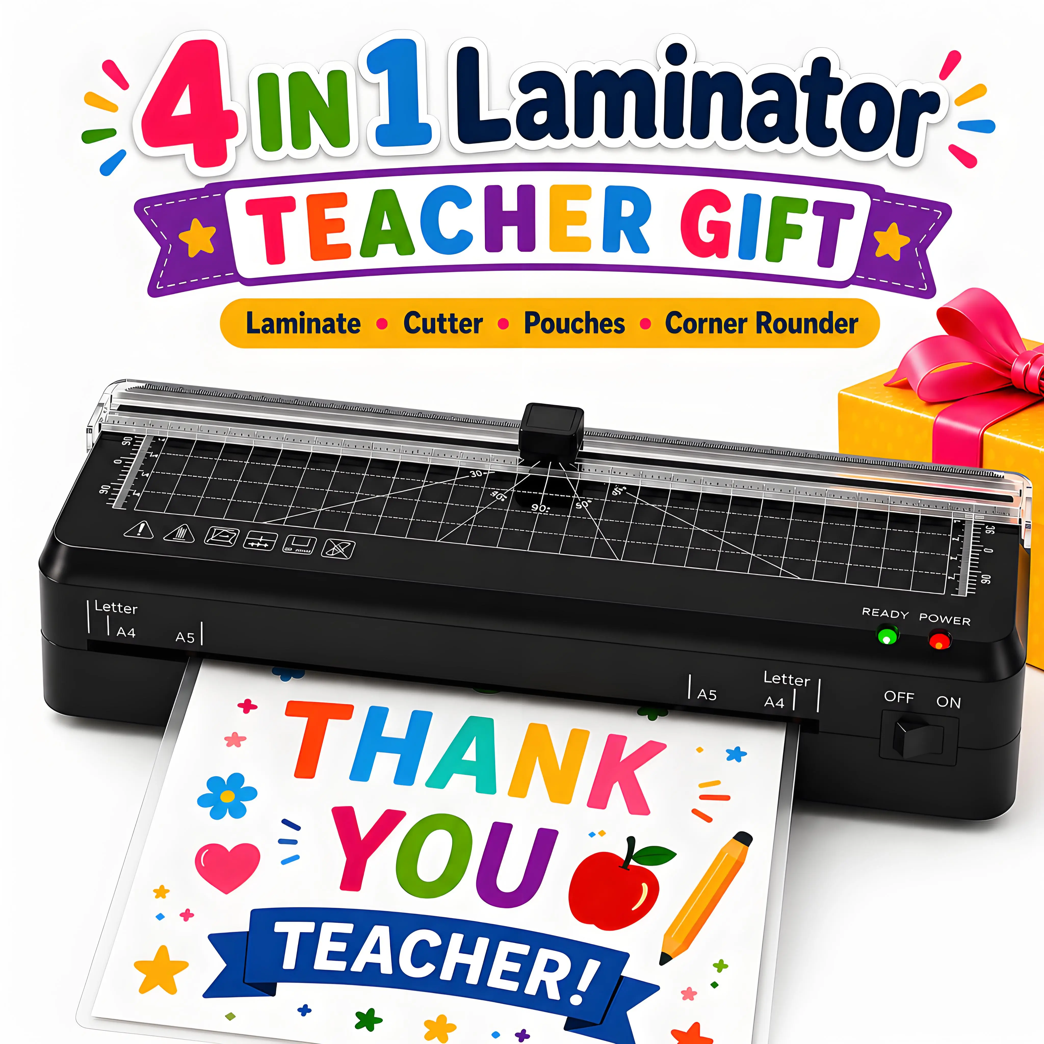 Portable A4 Laminator Machine, 4-in-1 Office Laminator with Built-in Cutter, 60-90s Warm-Up, ABS Jam Release, Corner Rounder & Laminating Pouches for School Daily Projects, Compact for Easier Removal