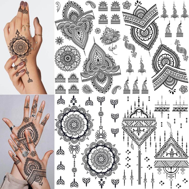 Henna Pattern Temporary Tattoo Sticker, 4 Sheets Waterproof Fake Jewelry Lotus Bracelet Tattoo Sticker, Henna Stencils, Body Art Decoration for Women & Girls