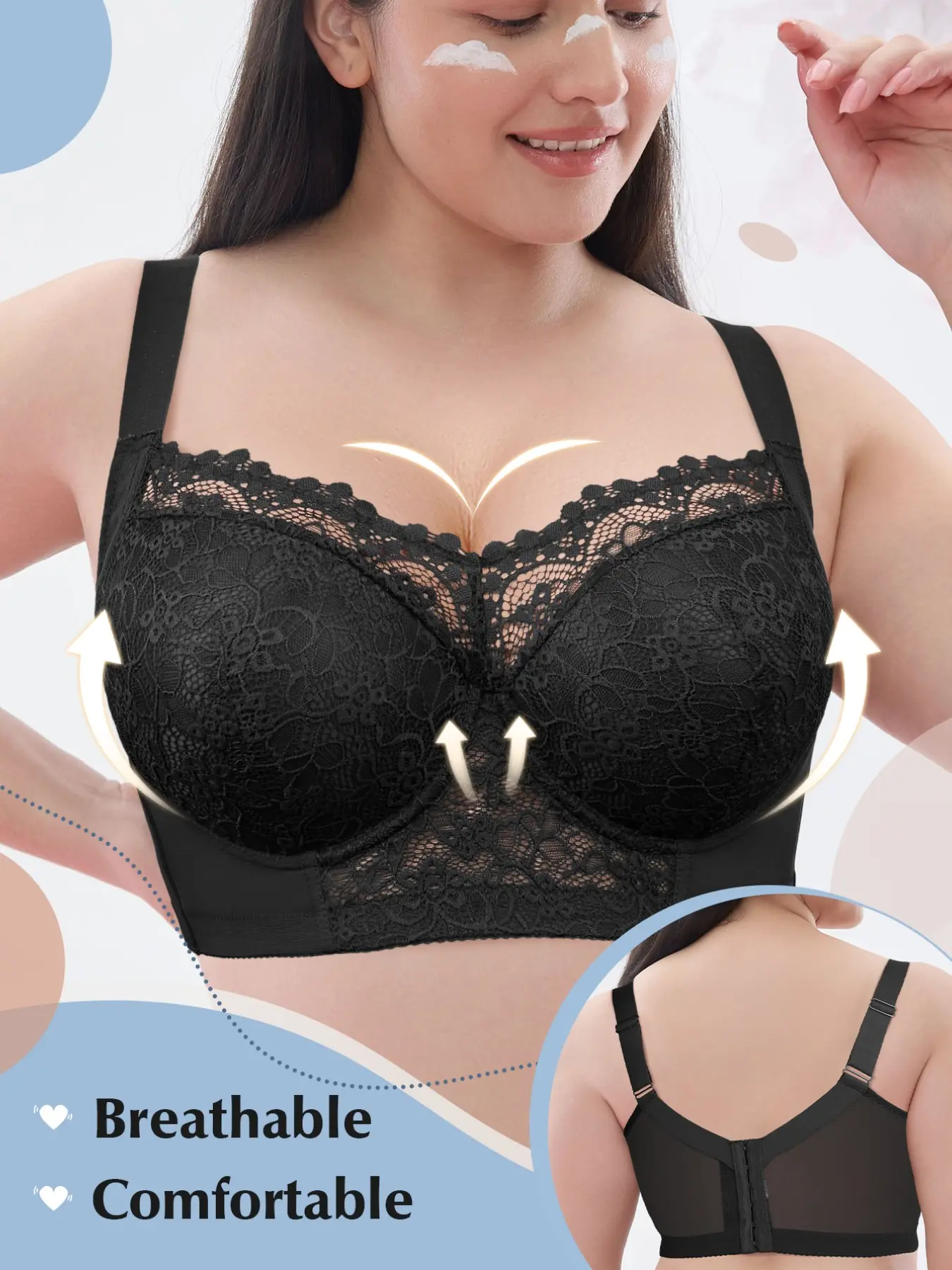 Women plus-size breathable lace push-up bra, underwire lift & anti-sagging, wide adjustable non-slip straps, side panels for underarm gathering, stable widened underband for daily wear.